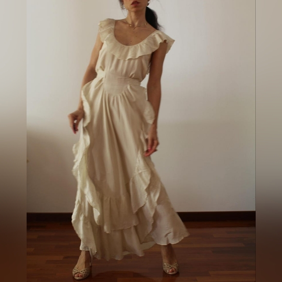 Antique Vintage silk cream ruffled slip dress with floral embroidery 1930s - Picture 10 of 10